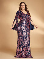 Women’s Navy Blue Elegant Sequin V-Neck Cape Sleeve Mermaid Maxi Dress with Rose Gold Floral Embroidery