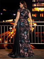 Women’s Black Elegant Floral Sequin Asymmetric Neck Short Sleeve Mermaid Maxi Dress with Satin Draped Detail