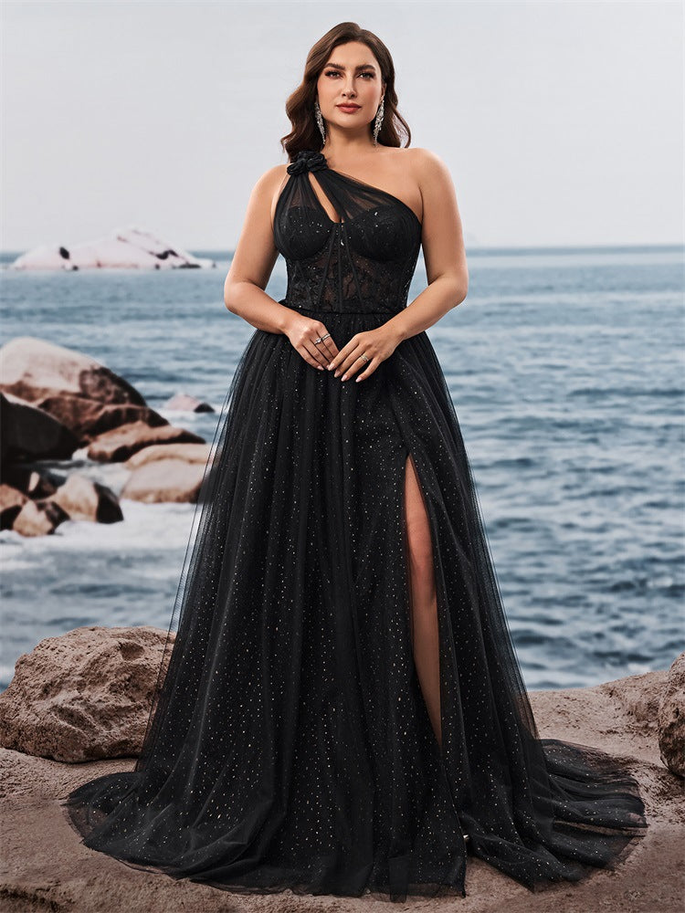 Women’s Black Glamorous Glitter One Shoulder Sleeveless A-Line Maxi Dress with Sheer Lace Corset and High Slit