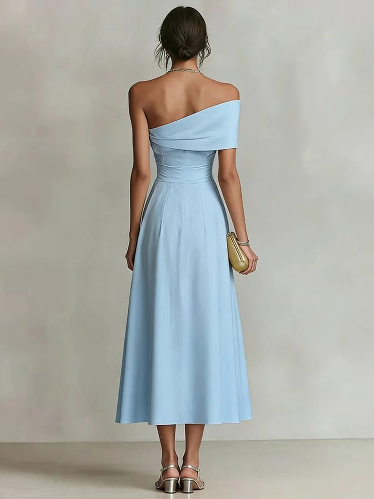 Women’s Yellow Elegant Satin One Shoulder Short Sleeve A-Line Midi Dress with Pockets