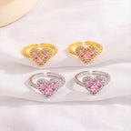 Women’s Elegant Adjustable Heart Ring with Pink Cubic Zirconia and Sparkling Halo