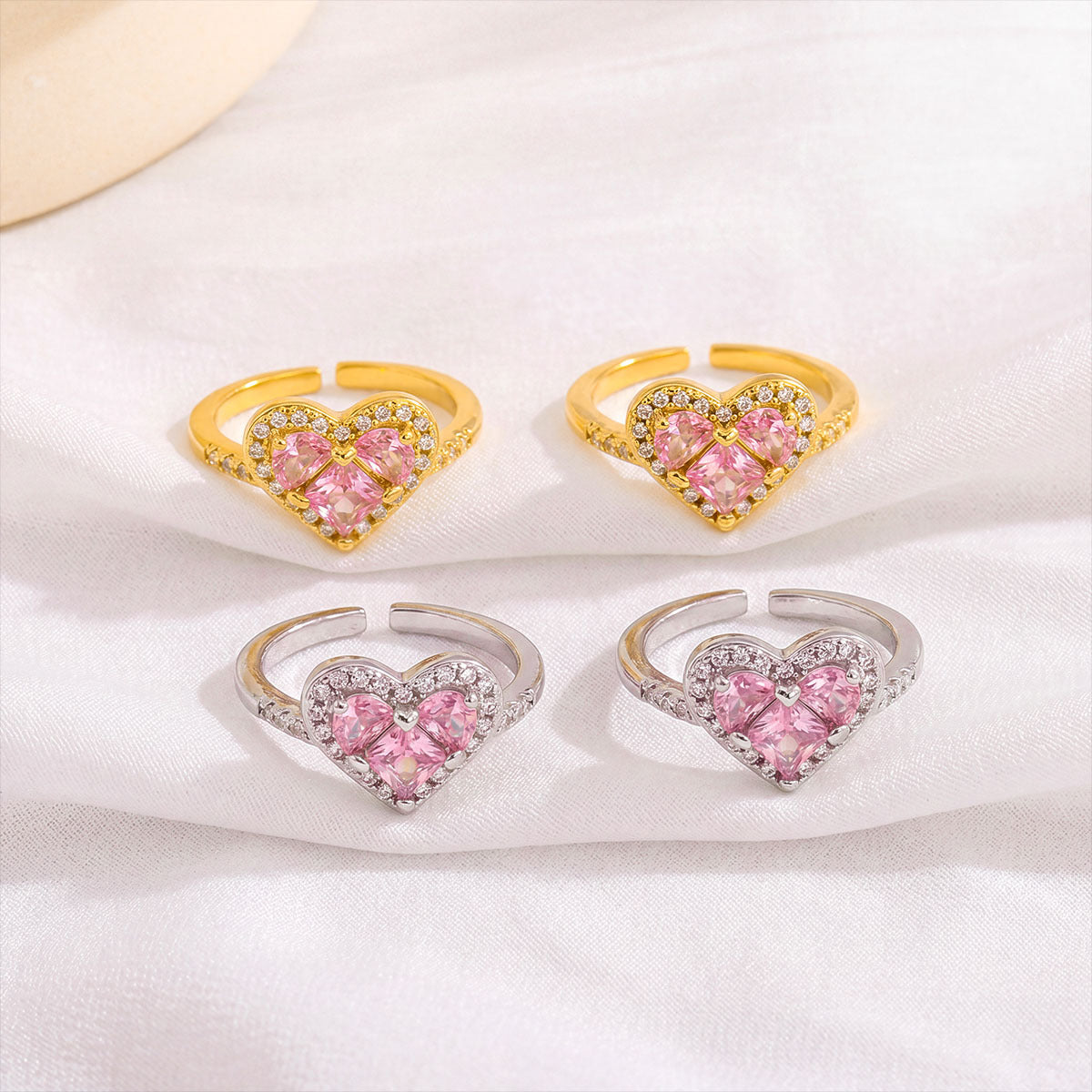 Women’s Elegant Adjustable Heart Ring with Pink Cubic Zirconia and Sparkling Halo