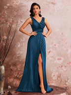 Women’s Teal Blue Elegant V-Neck Sleeveless Pleated A-Line Maxi Dress with Sequin Detail and High Slit