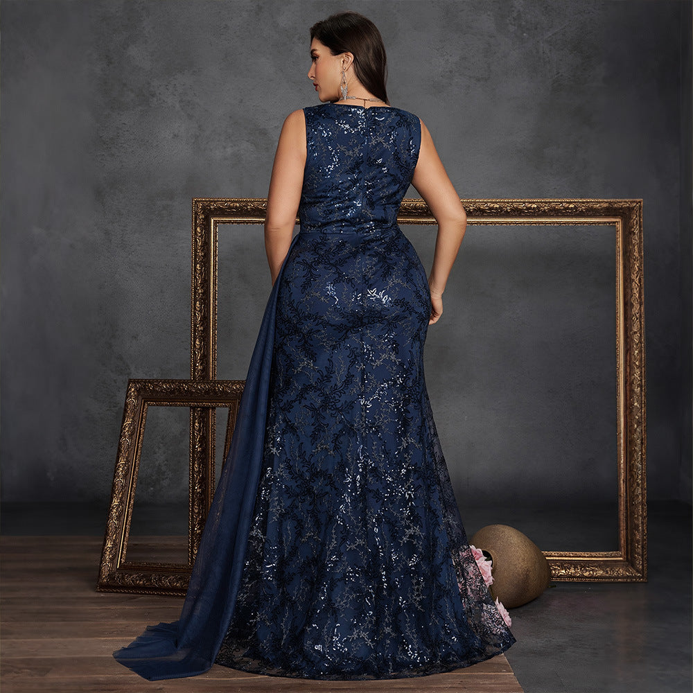 Women’s Navy Blue Elegant Sequin V-Neck Sleeveless Mermaid Maxi Dress with Floral Appliqué and Draped Detail