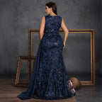 Women’s Navy Blue Elegant Sequin V-Neck Sleeveless Mermaid Maxi Dress with Floral Appliqué and Draped Detail