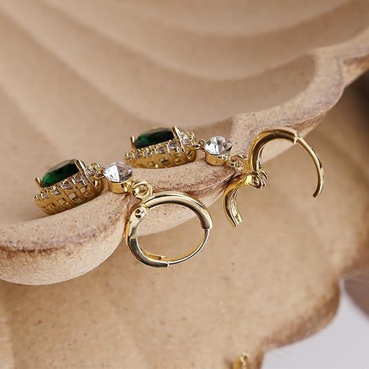 Women’s Gold-Tone Emerald Green Teardrop Rhinestone Halo Drop Earrings