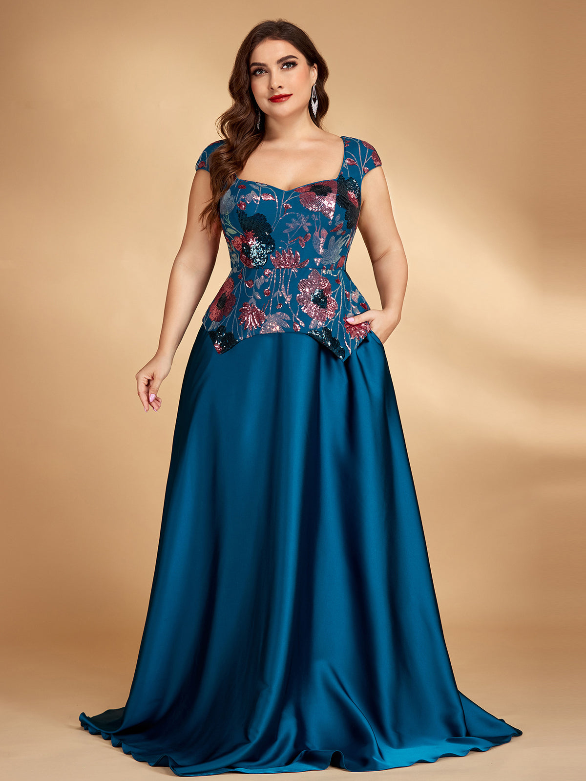Women’s Teal Blue Elegant Floral Sequin Sweetheart Neck Short Sleeve Satin A-Line Maxi Dress with Peplum Detail