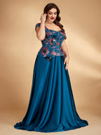 Women’s Teal Blue Elegant Floral Sequin Sweetheart Neck Short Sleeve Satin A-Line Maxi Dress with Peplum Detail