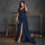Women’s Navy Blue Elegant Sequin V-Neck Sleeveless Mermaid Maxi Dress with Floral Appliqué and Draped Detail