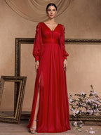 Women’s Red Elegant Glitter V-Neck Sheer Long Sleeve A-Line Maxi Dress with Floral Appliqué and High Slit