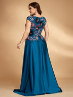 Women’s Teal Blue Elegant Floral Sequin Sweetheart Neck Short Sleeve Satin A-Line Maxi Dress with Peplum Detail