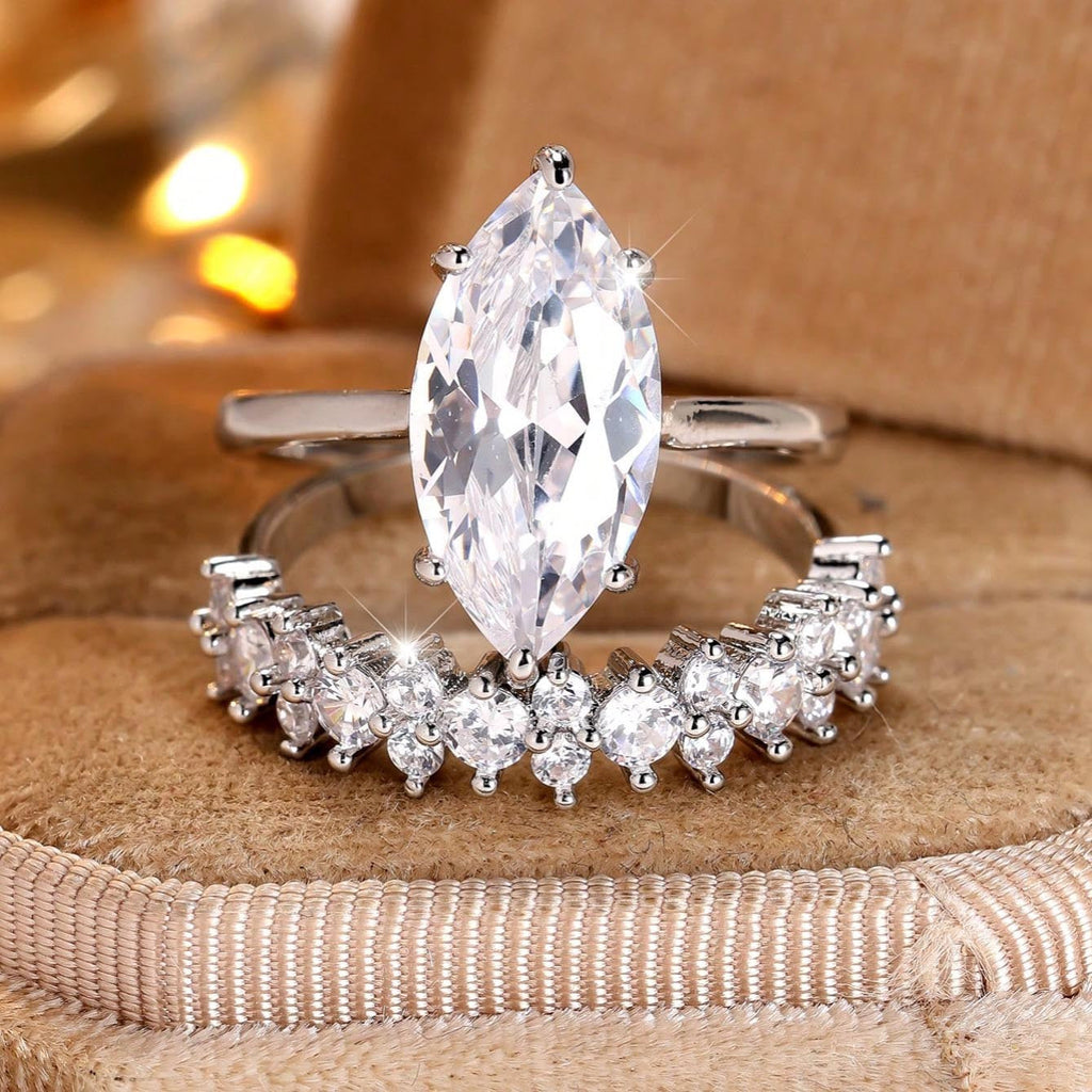 Women’s Marquise Cubic Zirconia Two-Piece Ring Set with Sparkling Stacking Band