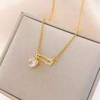 Women’s Dainty Safety Pin Necklace with Pink Heart and Sparkling Stone Detail