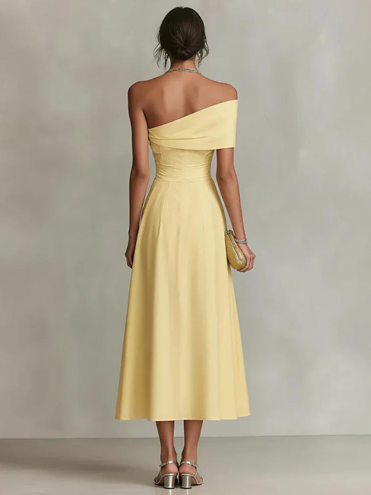 Women’s Yellow Elegant Satin One Shoulder Short Sleeve A-Line Midi Dress with Pockets