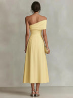Women’s Yellow Elegant Satin One Shoulder Short Sleeve A-Line Midi Dress with Pockets