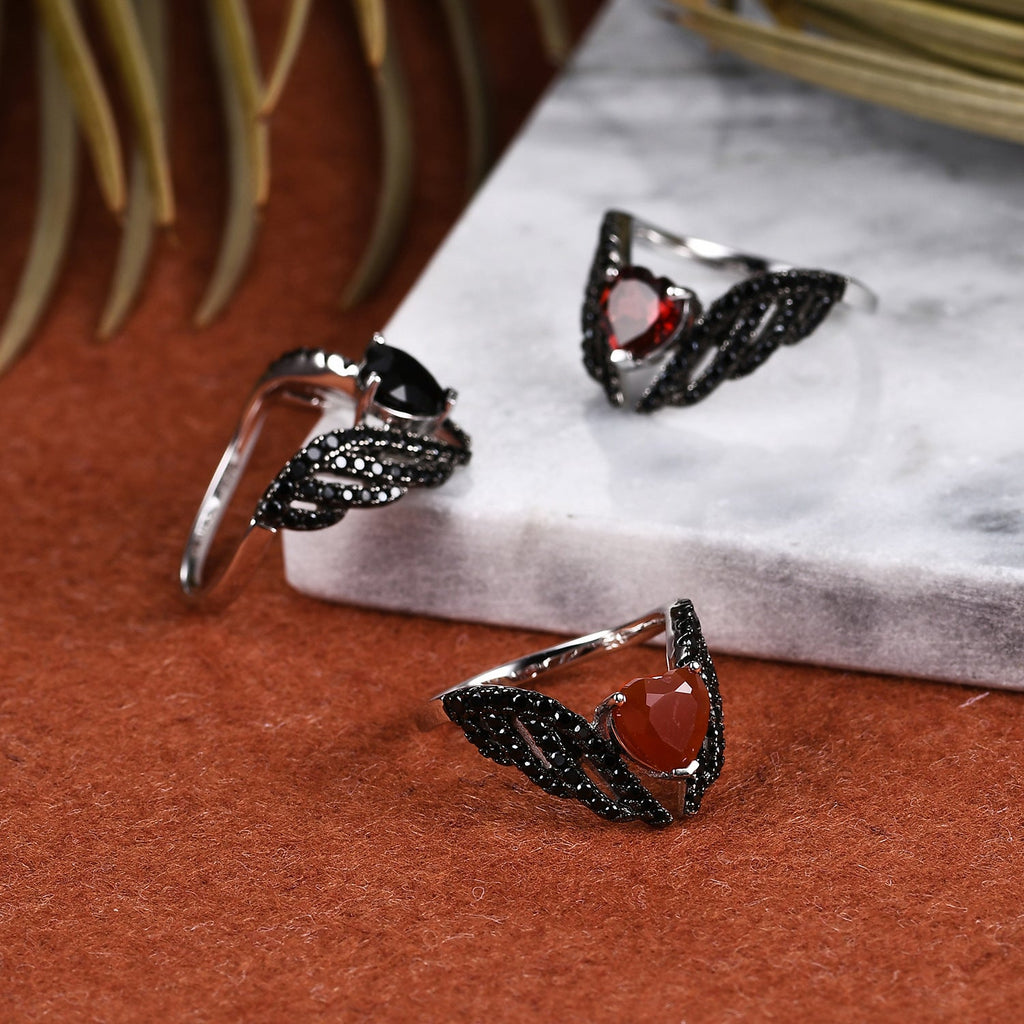 Women’s 925 Sterling Silver Heart Ring with Black Wings and Gemstone Center