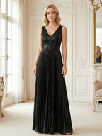 Women’s Black Elegant Sequin V-Neck Sleeveless Pleated A-Line Maxi Dress with Ruched Waist Detail