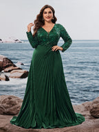 Women’s Emerald Green Elegant Sequin V-Neck Long Sleeve Pleated A-Line Maxi Dress with Embellished Waist Detail