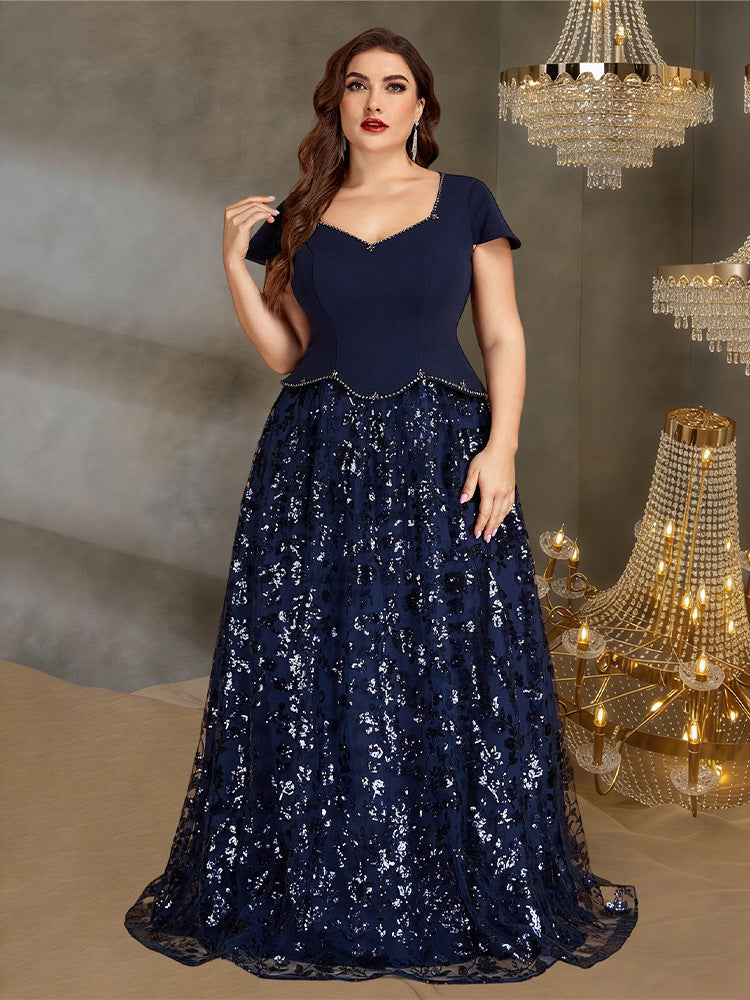 Women’s Navy Blue Elegant Sequin Sweetheart Neck Short Sleeve A-Line Maxi Dress with Peplum Waist Detail