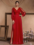 Women’s Red Elegant Glitter V-Neck Sheer Long Sleeve A-Line Maxi Dress with Floral Appliqué and High Slit