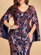 Women’s Navy Blue Elegant Sequin V-Neck Cape Sleeve Mermaid Maxi Dress with Rose Gold Floral Embroidery