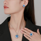 Women’s Luxury Blue Cubic Zirconia Necklace, Earrings & Adjustable Ring Set with Starburst Halo Detail