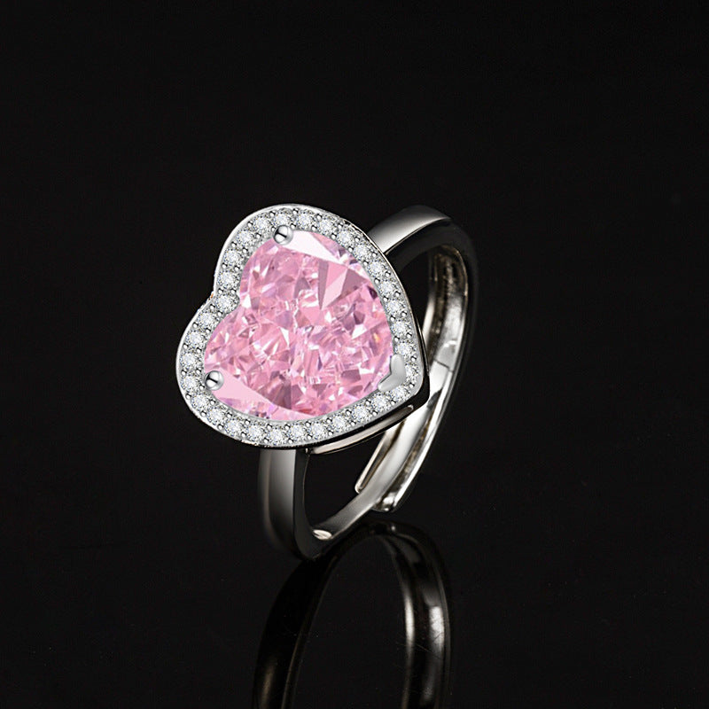 Women’s Romantic Heart-Cut High-Carbon Diamond Adjustable Ring with Pavé Halo – 9 Colors