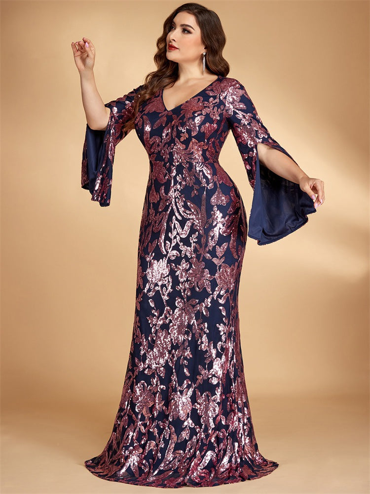 Women’s Navy Blue Elegant Sequin V-Neck Cape Sleeve Mermaid Maxi Dress with Rose Gold Floral Embroidery