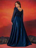 Women’s Navy Blue Elegant Satin Sweetheart Neck Long Sleeve A-Line Maxi Dress with Sequin Detail