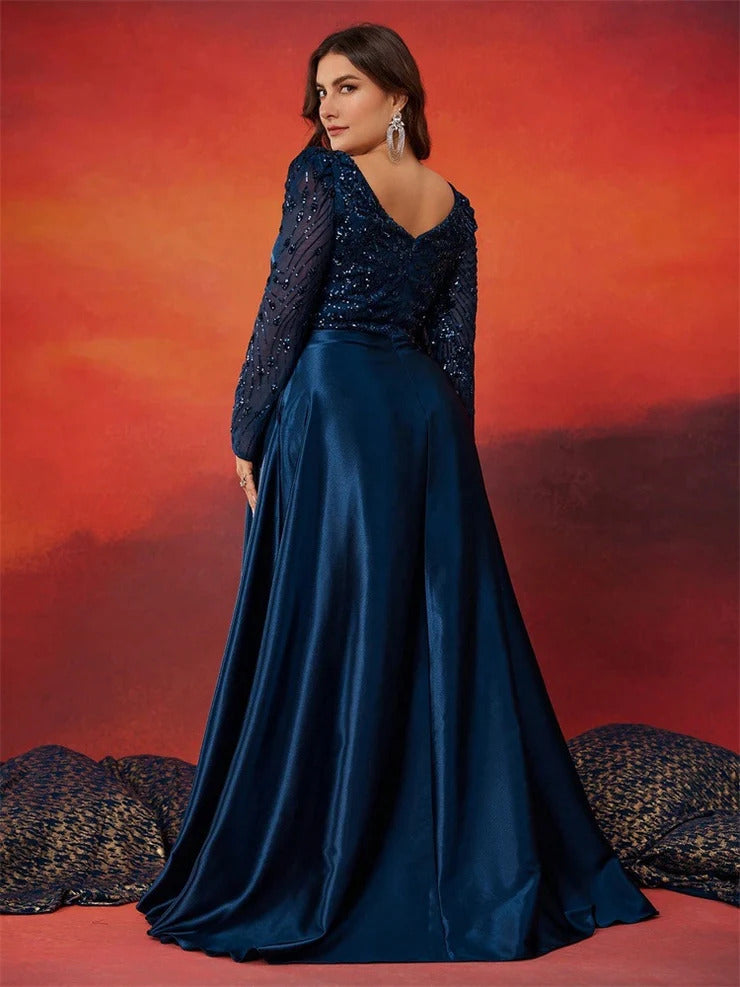 Women’s Navy Blue Elegant Satin Sweetheart Neck Long Sleeve A-Line Maxi Dress with Sequin Detail