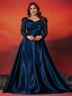 Women’s Navy Blue Elegant Satin Sweetheart Neck Long Sleeve A-Line Maxi Dress with Sequin Detail