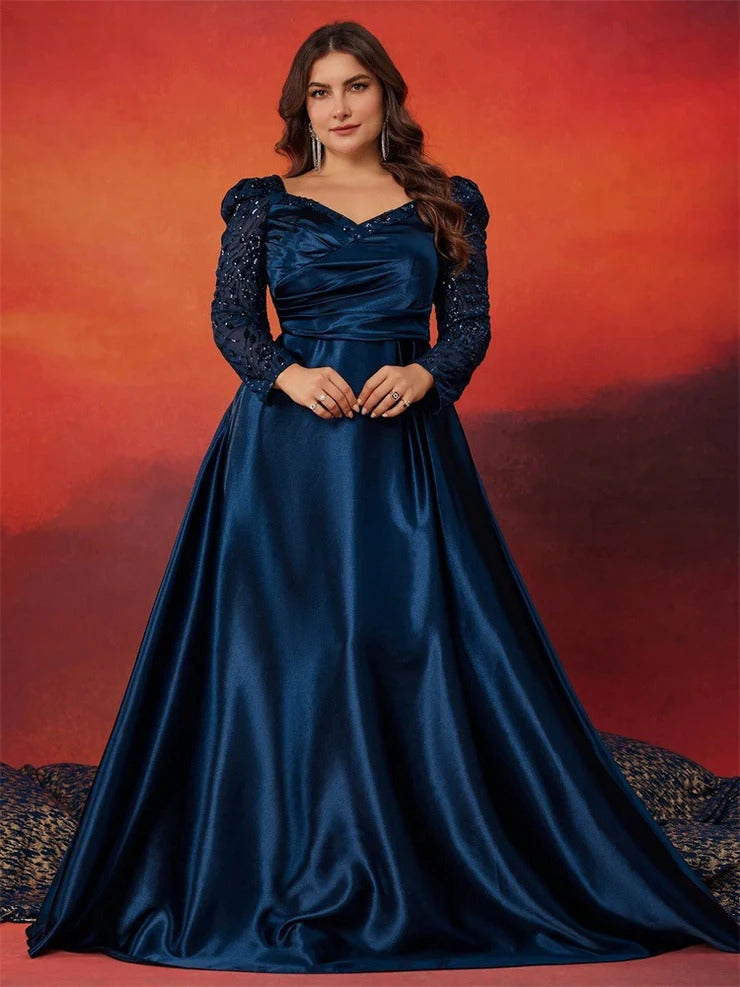 Women’s Navy Blue Elegant Satin Sweetheart Neck Long Sleeve A-Line Maxi Dress with Sequin Detail