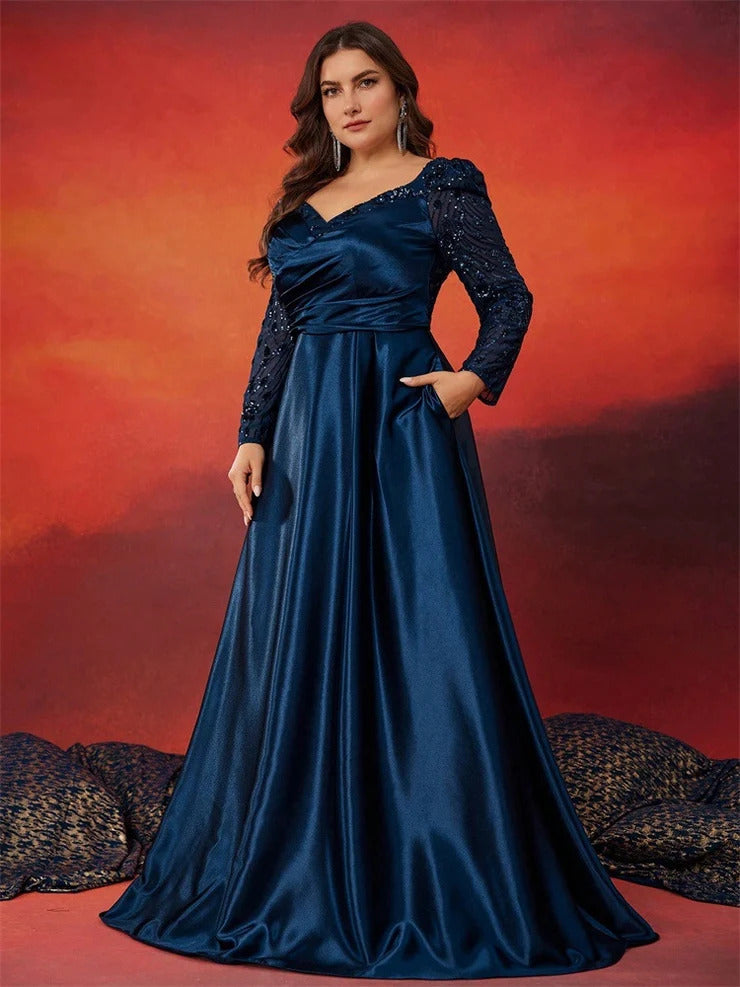 Women’s Navy Blue Elegant Satin Sweetheart Neck Long Sleeve A-Line Maxi Dress with Sequin Detail