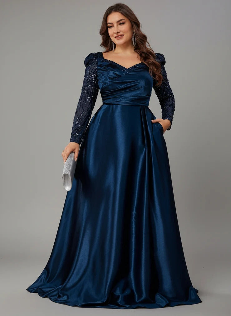 Women’s Navy Blue Elegant Satin Sweetheart Neck Long Sleeve A-Line Maxi Dress with Sequin Detail