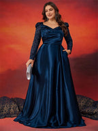 Women’s Navy Blue Elegant Satin Sweetheart Neck Long Sleeve A-Line Maxi Dress with Sequin Detail
