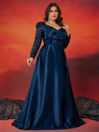 Women’s Navy Blue Elegant Satin Sweetheart Neck Long Sleeve A-Line Maxi Dress with Sequin Detail
