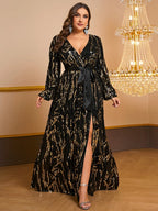 Women’s Black and Gold Elegant Sequin Mesh V-Neck Long Sleeve A-Line Maxi Dress with Satin Waist Tie
