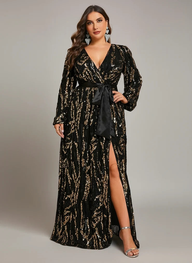 Women’s Black and Gold Elegant Sequin Mesh V-Neck Long Sleeve A-Line Maxi Dress with Satin Waist Tie