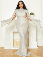 Women’s Apricot Glamorous Sequin Polyester Blend High Neck Bell Sleeve Regular Mermaid Maxi Prom Dress