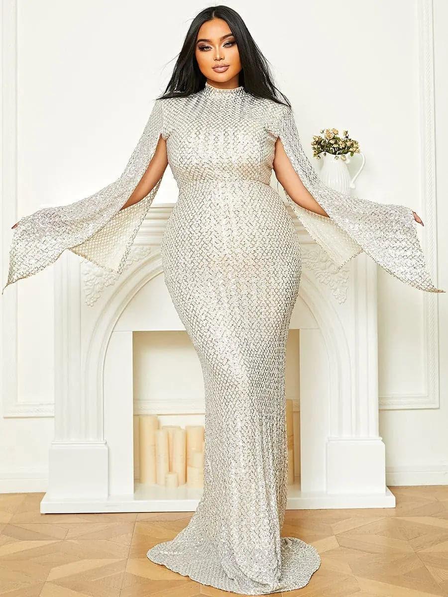 Women’s Apricot Glamorous Sequin Polyester Blend High Neck Bell Sleeve Regular Mermaid Maxi Prom Dress