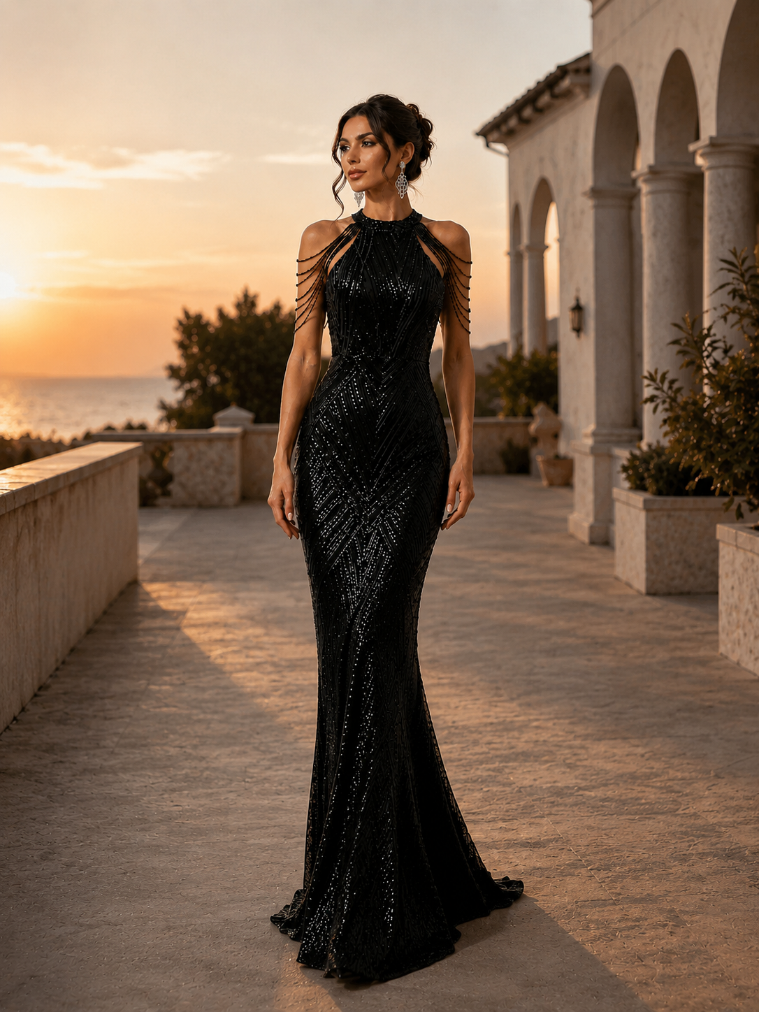 Women’s Black Glamorous Sequin High Neck Cold Shoulder Mermaid Floor-Length Evening Gown