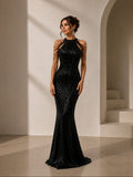 Women’s Black Glamorous Sequin High Neck Cold Shoulder Mermaid Floor-Length Evening Gown