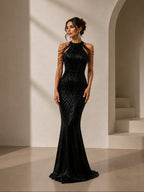 Women’s Black Glamorous Sequin High Neck Cold Shoulder Mermaid Floor-Length Evening Gown