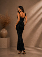Women’s Black Glamorous Sequin Square Neck Sleeveless Bodycon Midi Dress