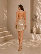 Women's Gold Glamorous Sequin Halter Neck Sleeveless A-Line Mini Party Dress