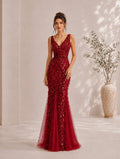 Women’s Red Elegant Sequin One-Shoulder Off-Shoulder Fitted Floor-Length Evening Dress