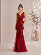 Women’s Red Elegant Sequin One-Shoulder Off-Shoulder Fitted Floor-Length Evening Dress