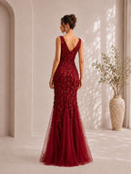 Women’s Red Elegant Sequin One-Shoulder Off-Shoulder Fitted Floor-Length Evening Dress