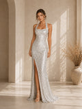 Women’s Apricot Glamorous Sequin Square Neck Sleeveless Fitted Maxi Dress with Side Slit and Back Cutout