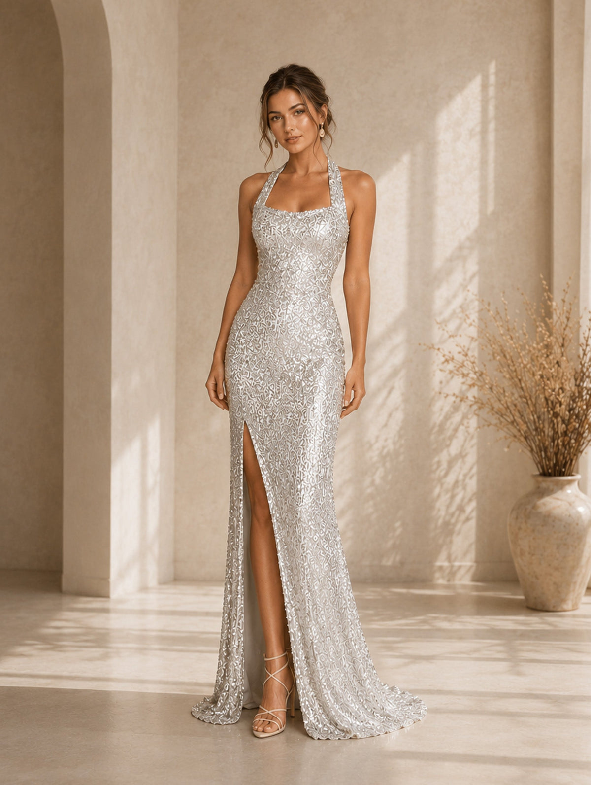 Women’s Apricot Glamorous Sequin Square Neck Sleeveless Fitted Maxi Dress with Side Slit and Back Cutout